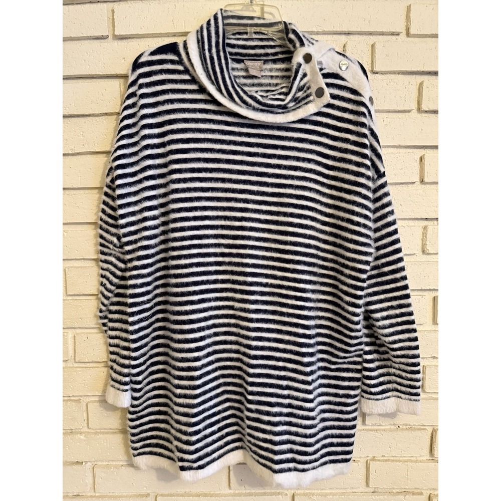 Chicos Zenergy 3 Top Womens Black Striped Long Sleeve Pullover Cowl Neck Sz XL‎